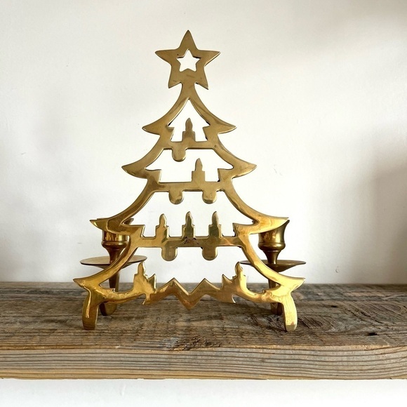 Brass Christmas Tree double candle holder - Picture 2 of 5